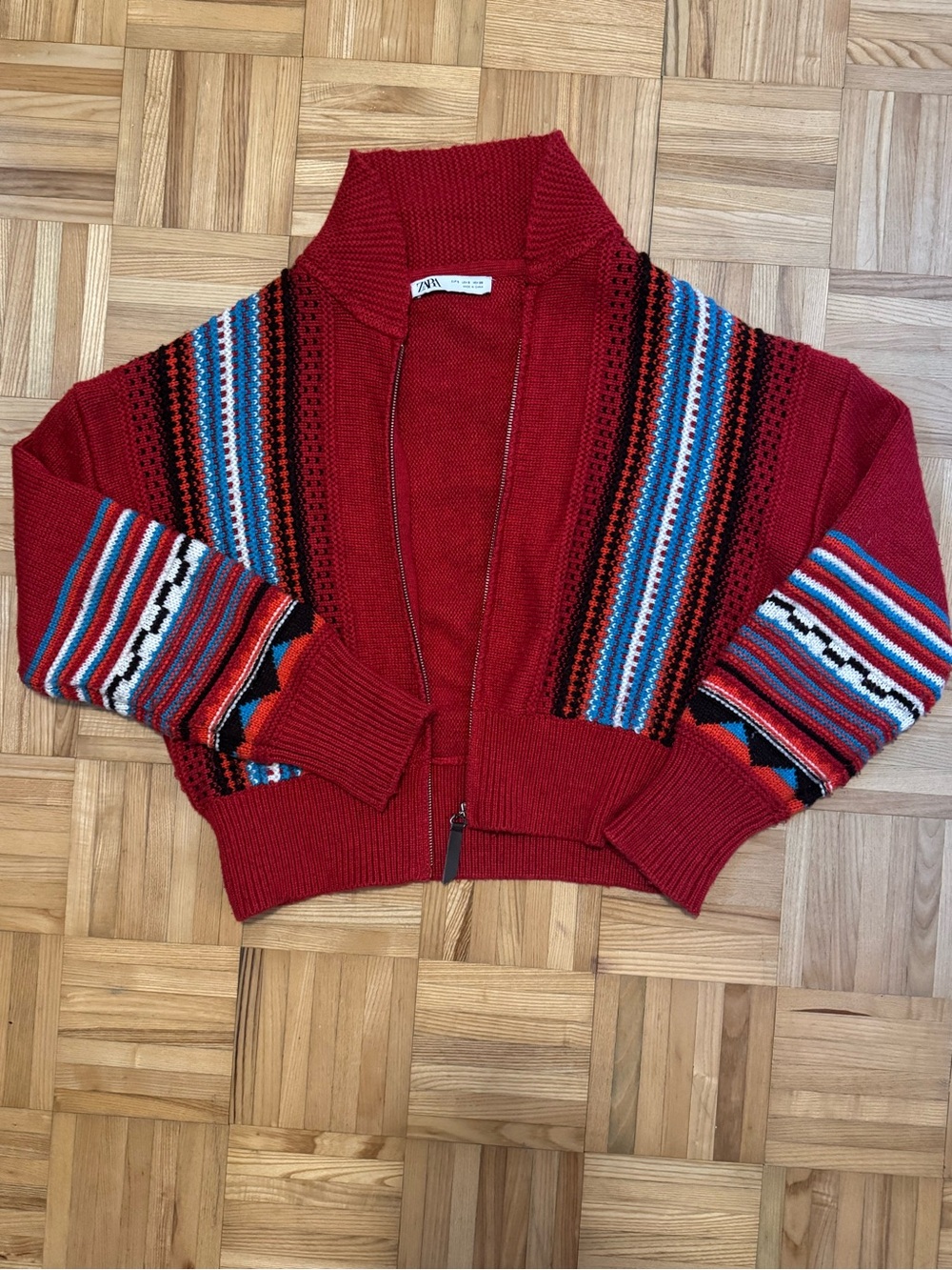 Zara Red Knit Zip-Front Cardigan